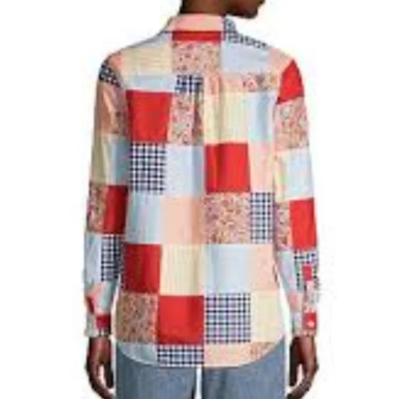 Lands' End Womens Poplin Boyfriend Button Front Patchwork Plus Size Curvy 1X - Picture 2 of 13